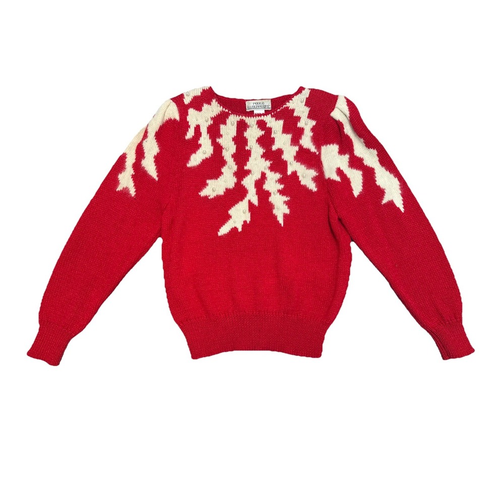 Vintage Petite Illustrations wool Blend beaded Pearl Red‎ Christmas sweater Sz M
